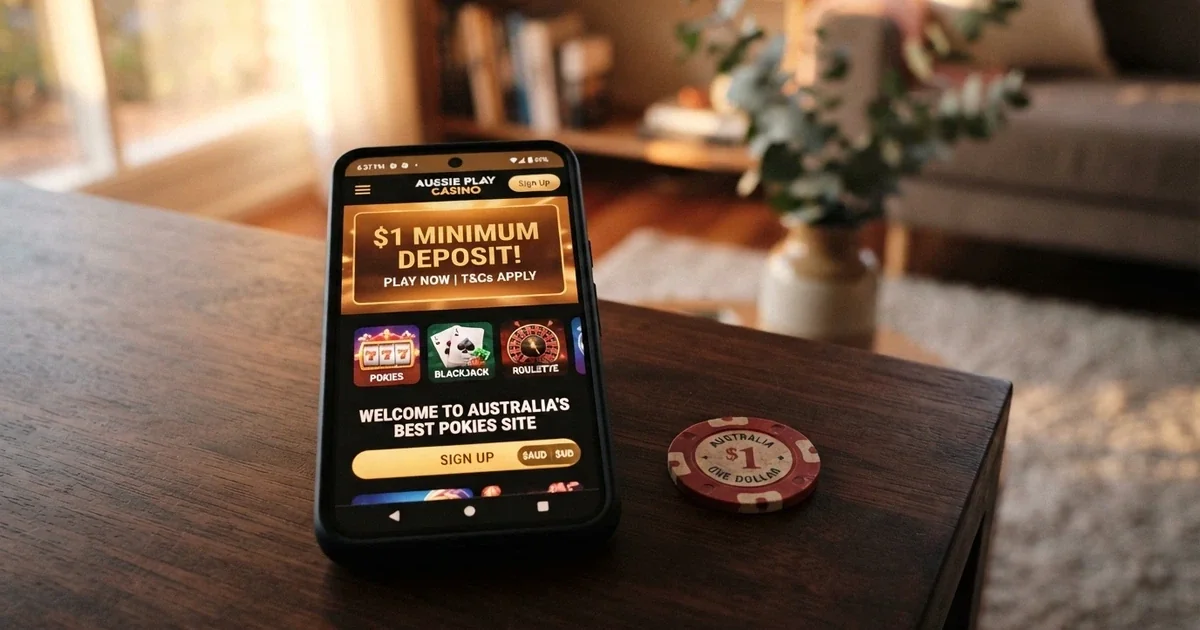 A smartphone screen showing an online casino homepage with a prominent “$1 minimum deposit” banner, with a single Australian one-dollar coin resting beside the phone