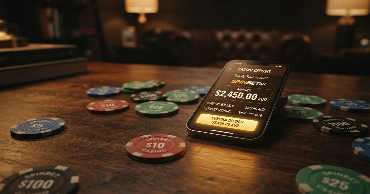 Australian dollar coins and a smartphone displaying an online pokies game with a deposit screen showing minimum deposit amounts