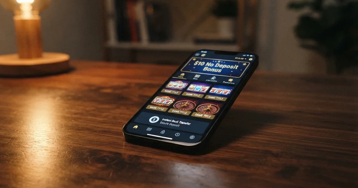 A smartphone screen displaying an online casino lobby with a “$10 no deposit bonus” banner and a PayID logo on the payment panel