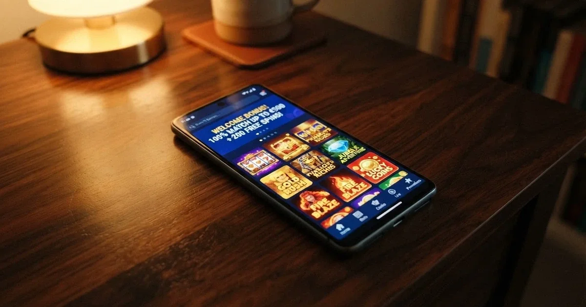 A smartphone screen showing an online casino lobby with a “100 Free Spins No Deposit” promotional banner, pokie thumbnails visible below