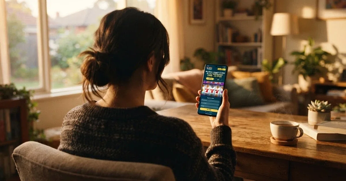 An Australian player looking at a smartphone showing a casino registration screen with a 120 free spins no deposit bonus banner and pokie reels