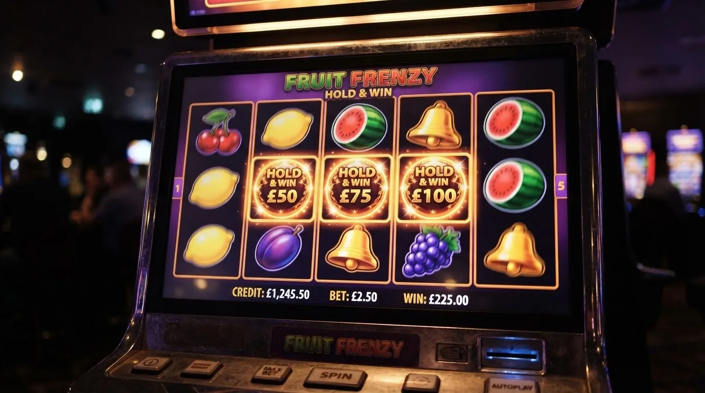 A screenshot of a 1spin4win classic fruit-themed slot reel with Hold & Win symbols lit