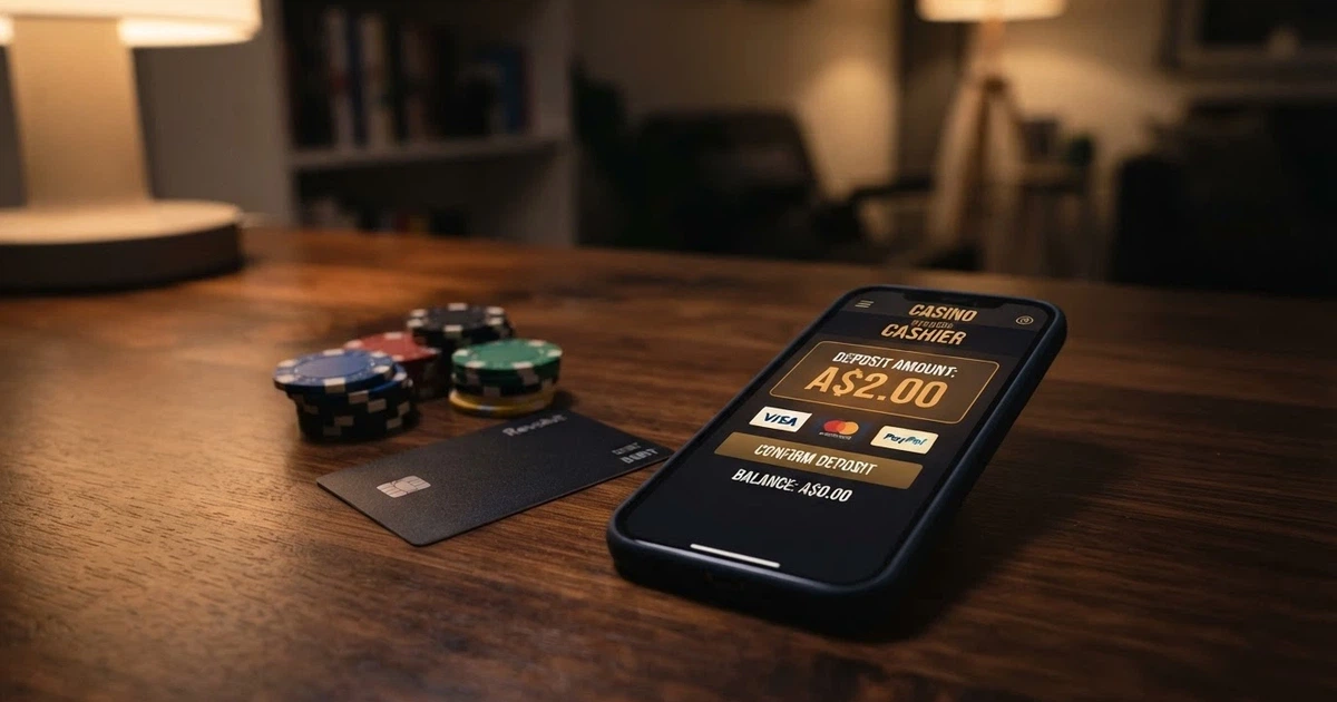 A smartphone displaying an online casino deposit screen with a $2 amount highlighted, set against a background of local currency coins and a digital wallet interface