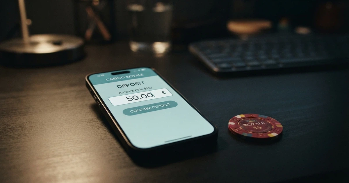 A smartphone screen displaying an online casino deposit page with an Australian $20 banknote placed beside it on a dark desk surface