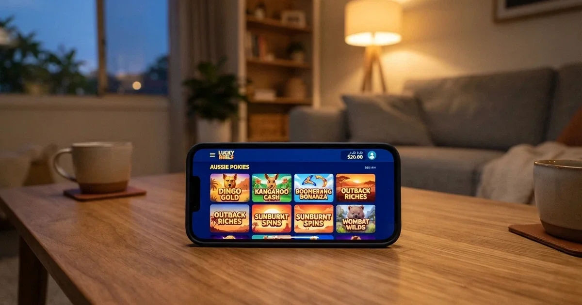 A smartphone screen displaying an online pokies lobby with an AUD balance of $20.00 and a row of colourful slot thumbnails, set against a softly lit Australian living-room background.