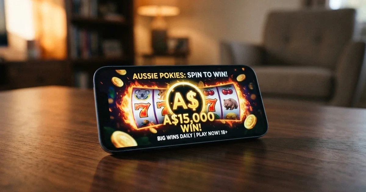A smartphone screen showing a casino promotion banner reading 200 free spins no deposit with Australian dollar symbols and pokie reels in the background