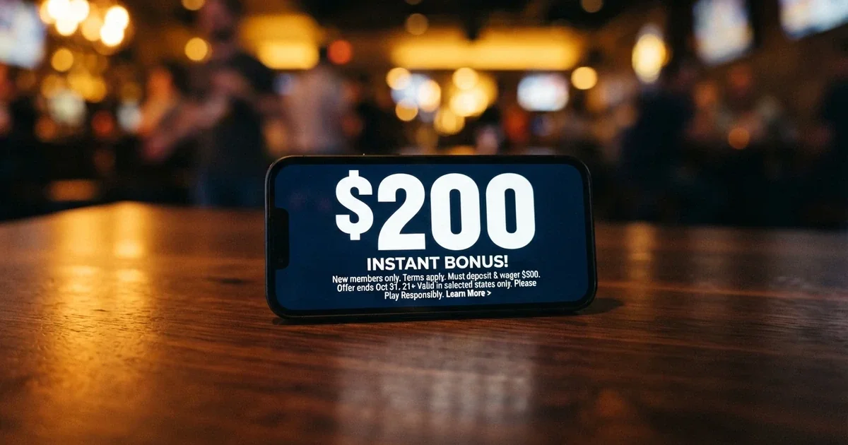A smartphone screen showing a casino bonus banner with a large “$200” headline and fine-print terms visible beneath it