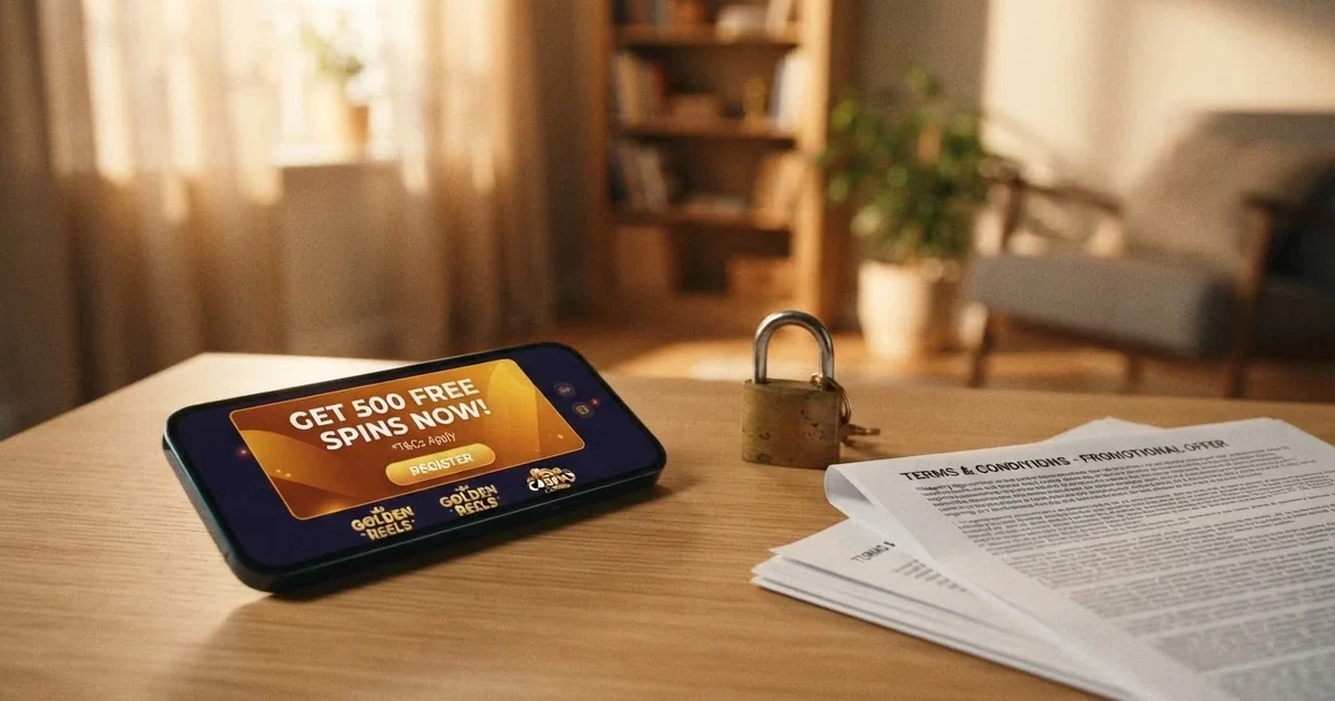 A smartphone screen showing an online casino registration page with a free spins offer banner, next to a padlock and a set of terms-and-conditions folds