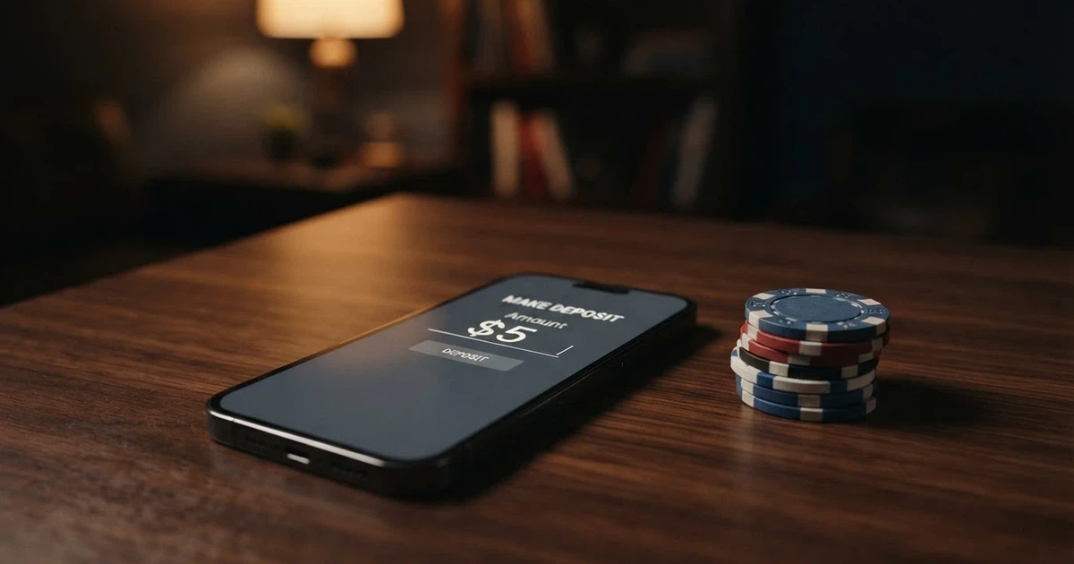 A smartphone displaying an online casino deposit screen showing a $5 amount entry field, with a stack of blue Australian $5 polymer banknotes beside it on a dark wooden desk