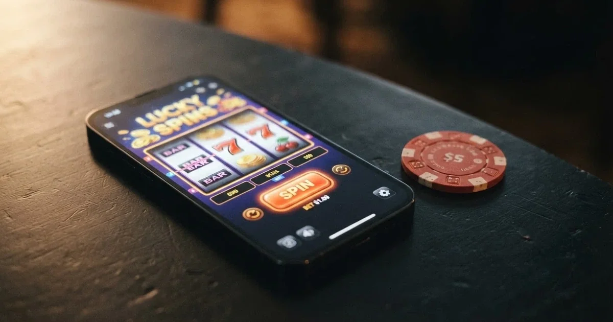 A smartphone displaying an online pokies game beside a five-dollar note on a dark surface