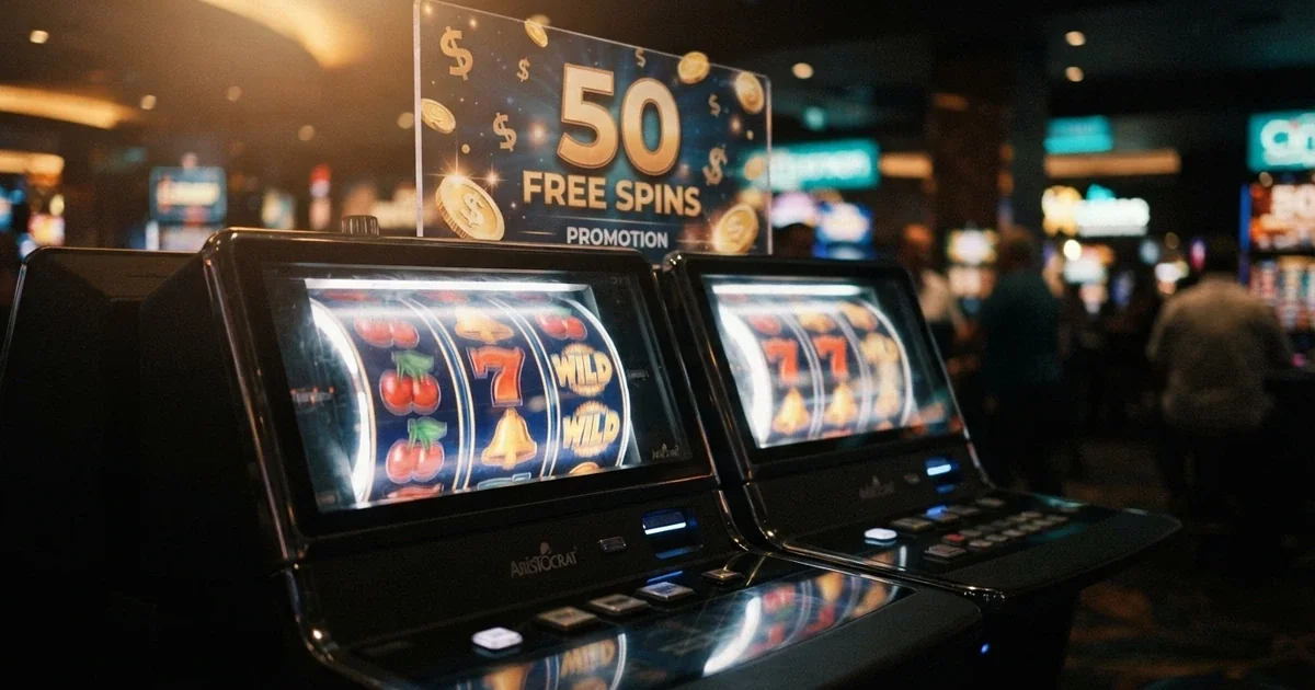 Online pokies reels spinning behind a 50 free spins promotional overlay with Australian dollar symbols