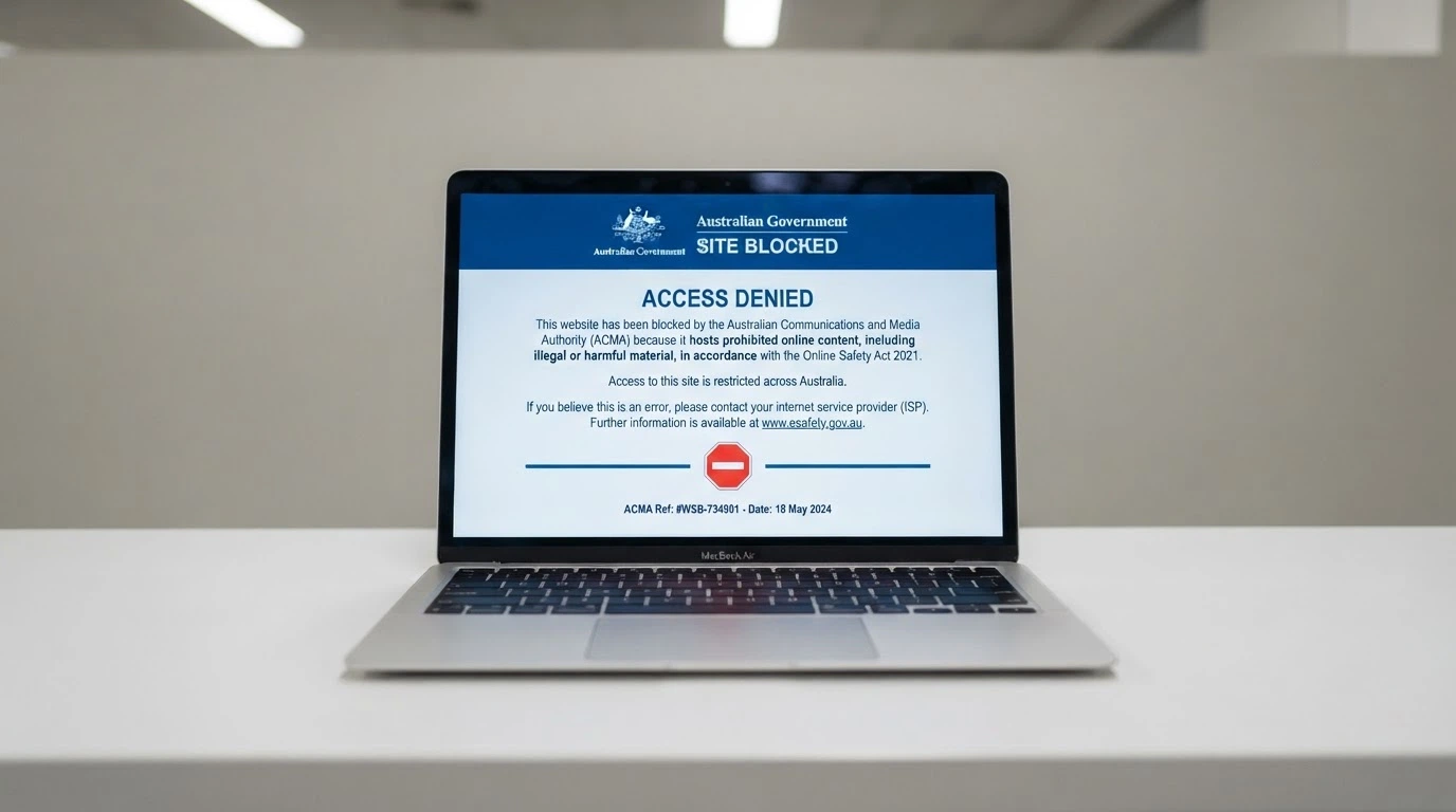A laptop browser showing an ACMA blocked-site notice with the Australian Government coat of arms