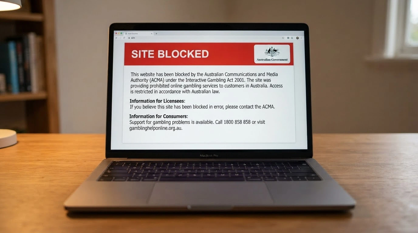 An Australian internet browser window showing an ACMA blocking notice on a casino site, with the ACMA logo visible