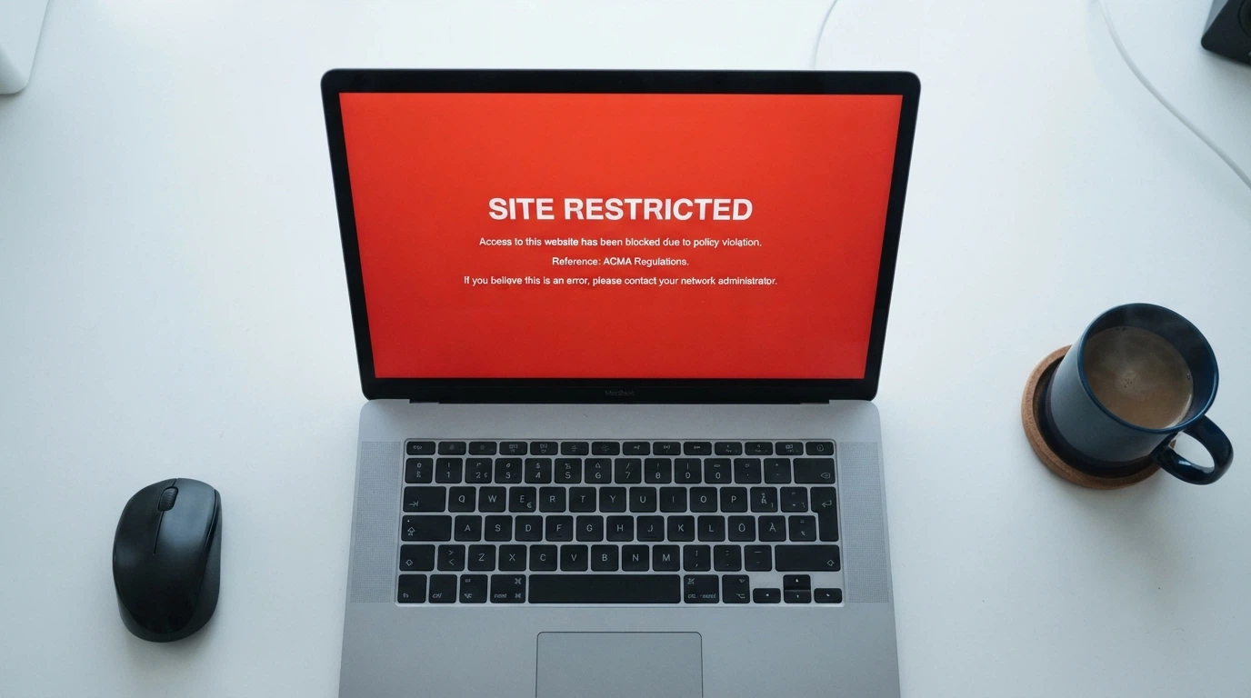 A browser window displaying the ACMA blocking notice that appears when an Australian ISP blocks an illegal gambling site