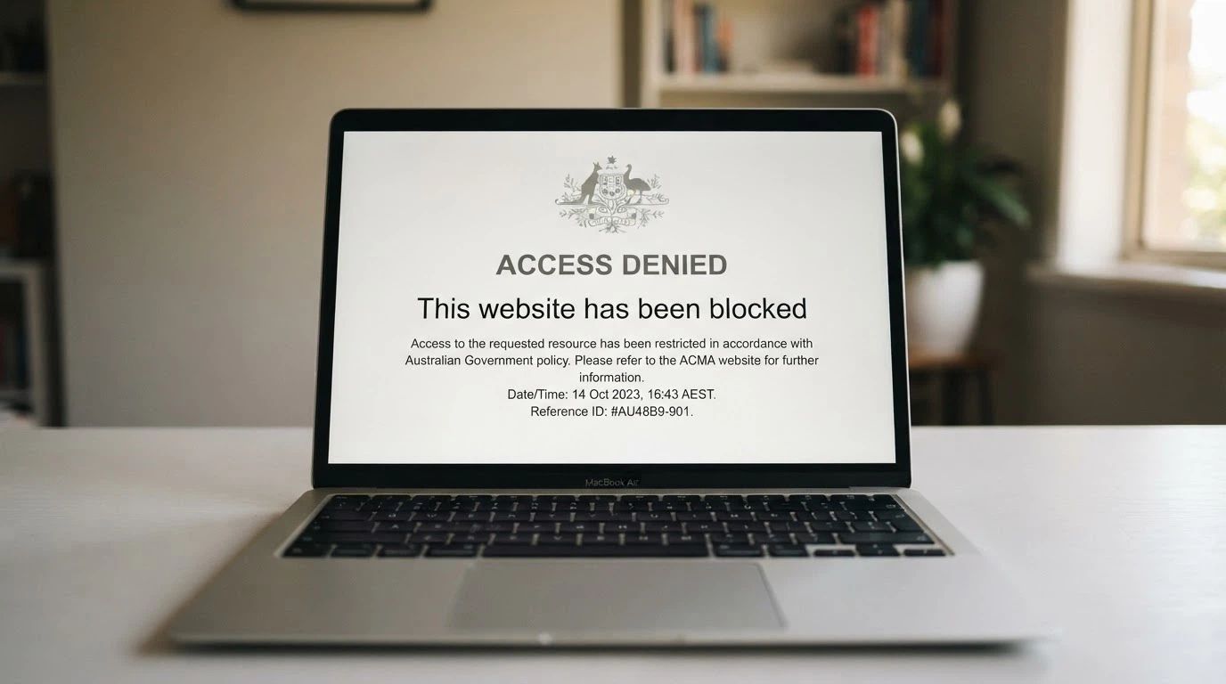 A browser window showing an ACMA blocked-site notice with the Australian Government coat of arms visible