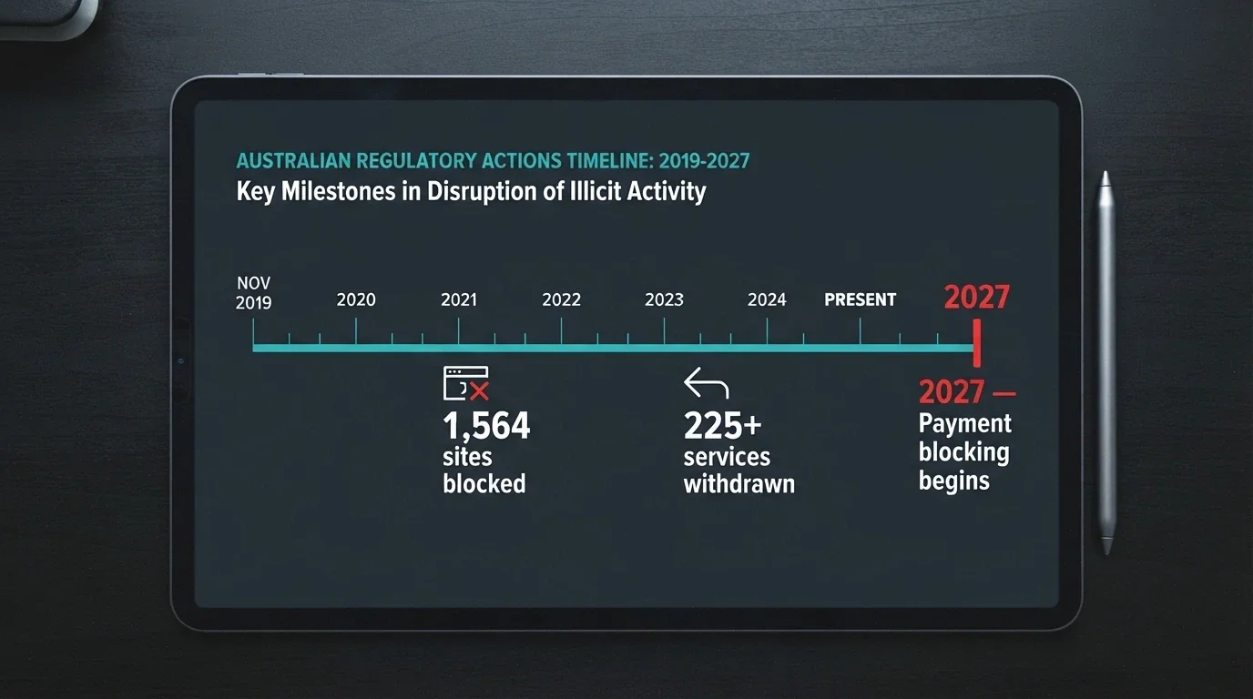 A simplified infographic showing a timeline from November 2019 to 2026, with milestone markers for 1,564 sites blocked and 225-plus services withdrawn, and a red “2027” marker labelled “Payment blocking begins.”