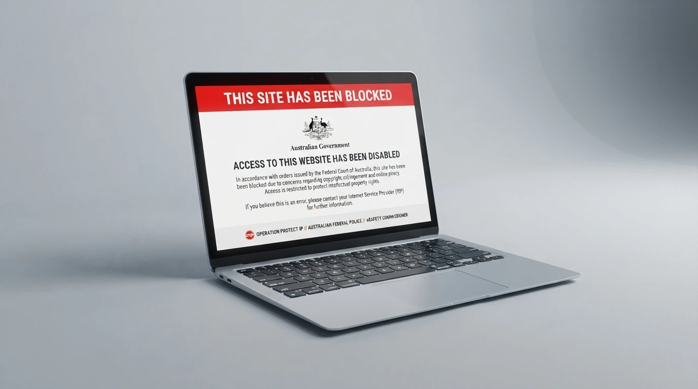 A browser window displaying the ACMA site-blocking notice that an Australian ISP shows when a blocked gambling site is accessed, with the ACMA logo and explanatory text visible