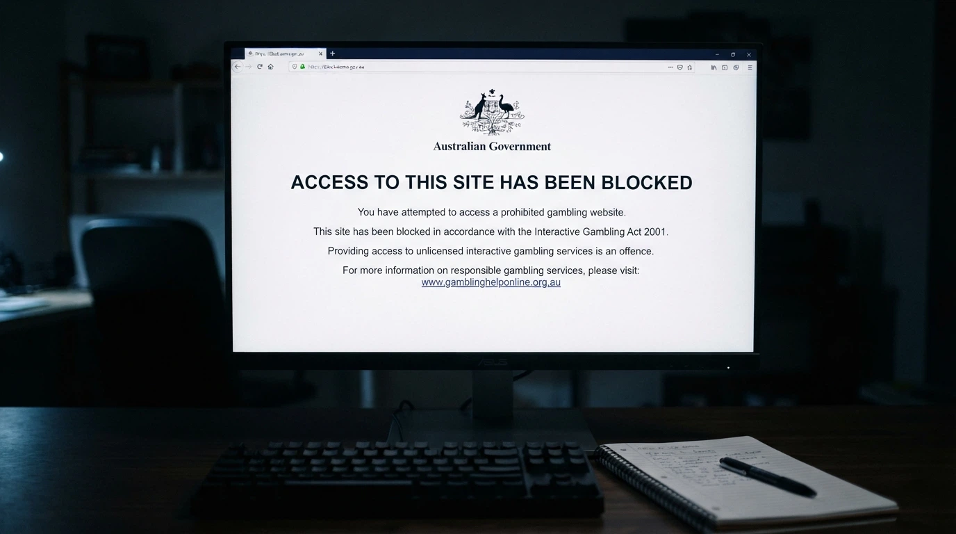 A browser screen displaying the ACMA block page — the standard “This website has been blocked” notice with the Australian Government crest and a reference to the Interactive Gambling Act.