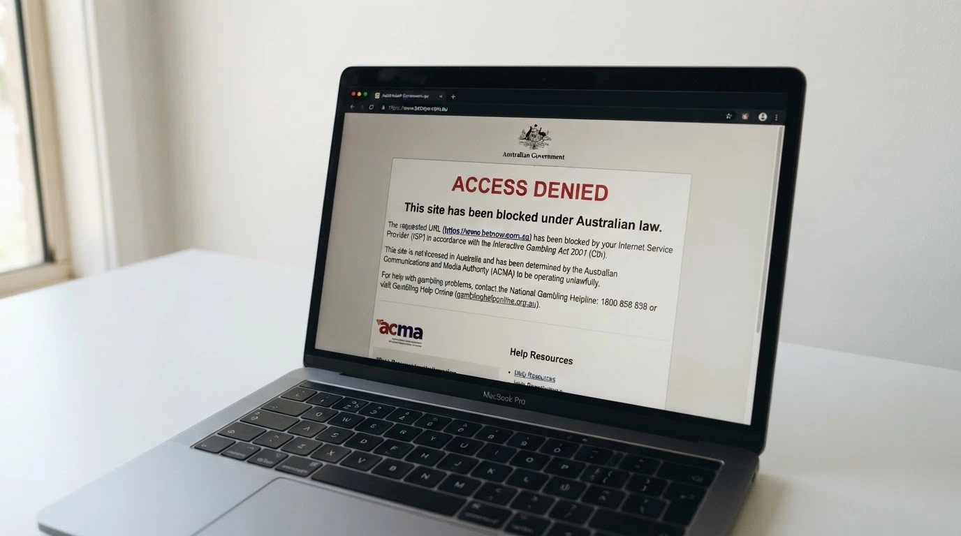A web browser displaying an ISP-level block notice referencing ACMA enforcement, with the ACMA logo visible