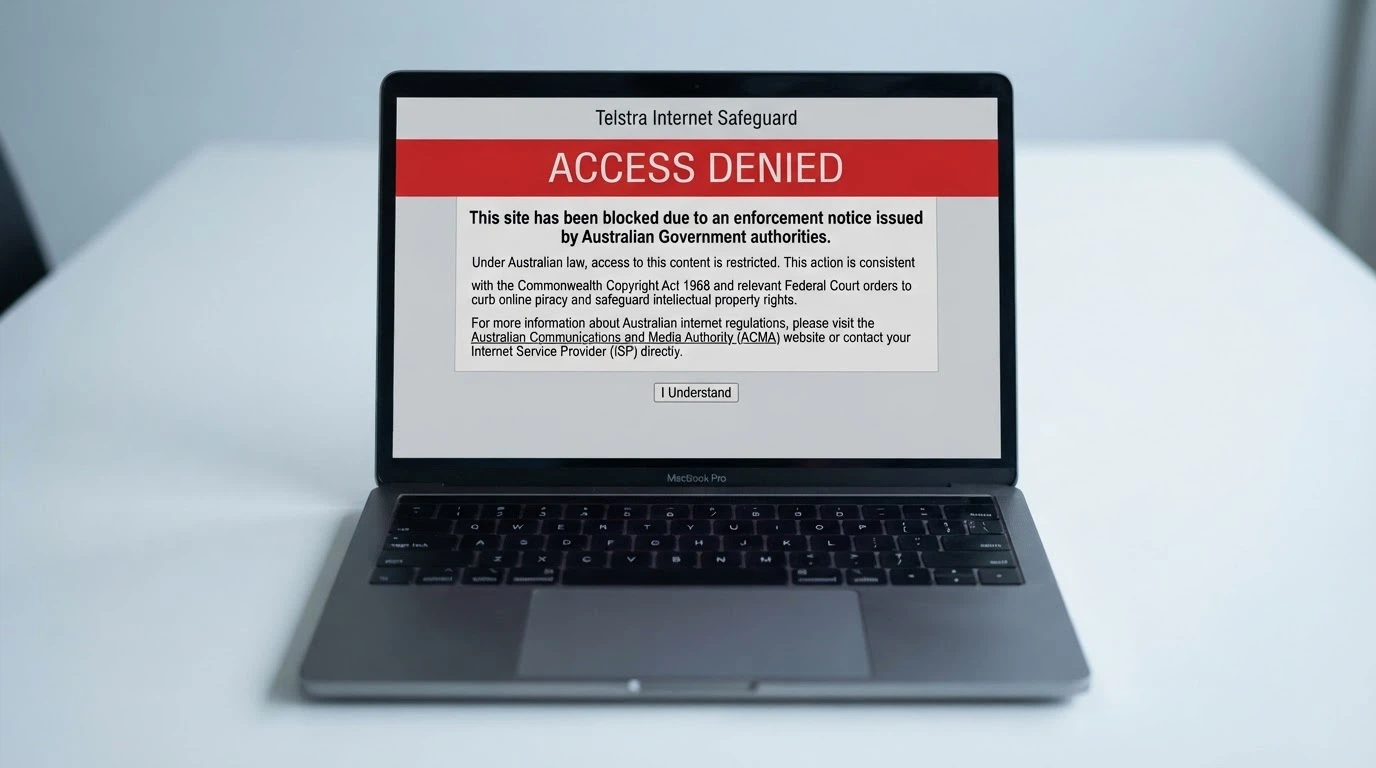 A browser window showing a generic site-blocked notice styled after an ISP restriction page, with text referencing the ACMA enforcement framework