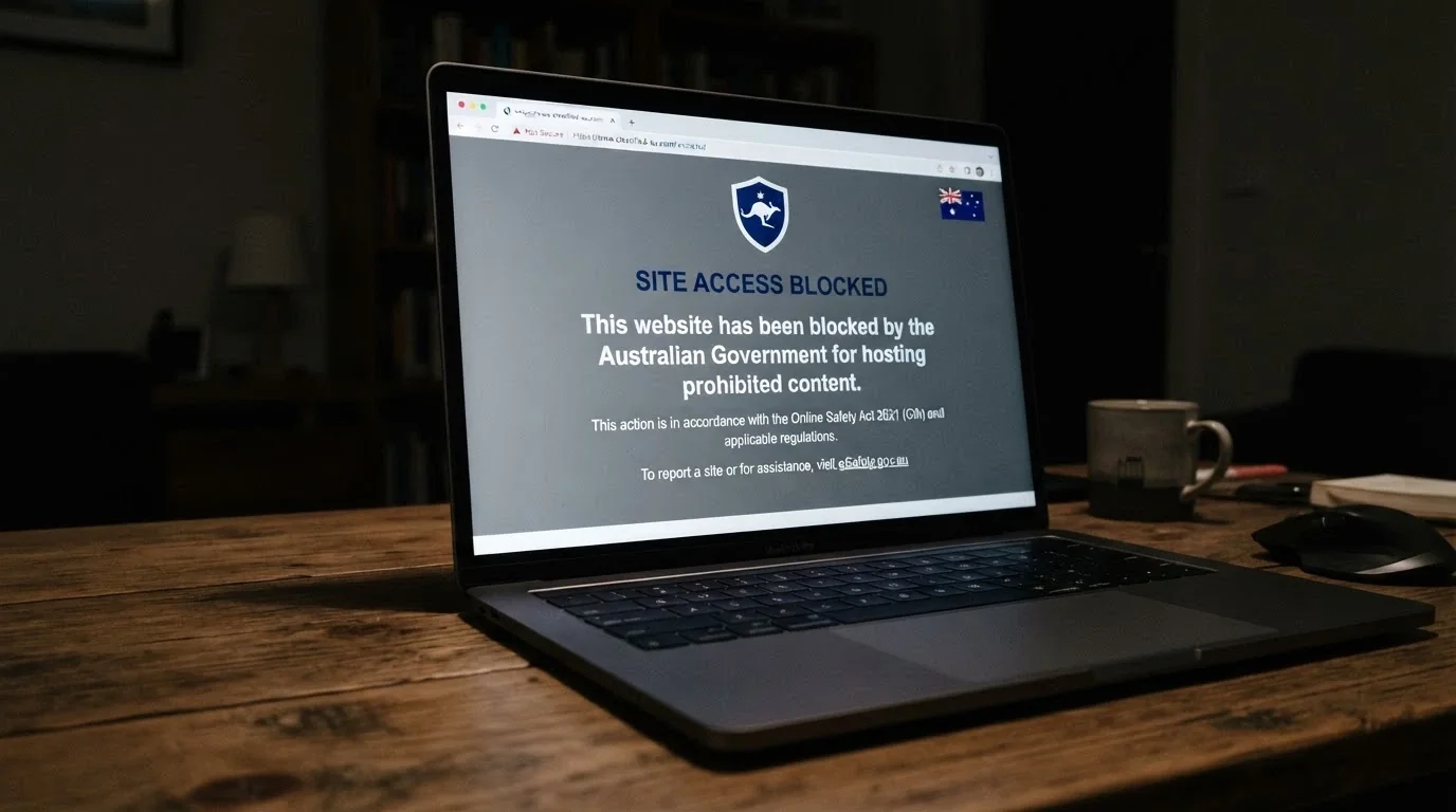 A browser window displaying an ACMA blocked-site notice on a dark screen, with the ACMA logo visible