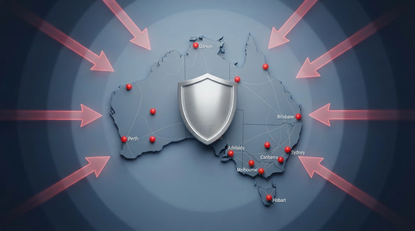 An illustration of an Australian map with red blocked-site markers and a shield labelled ACMA, arrows pointing from offshore servers toward the map