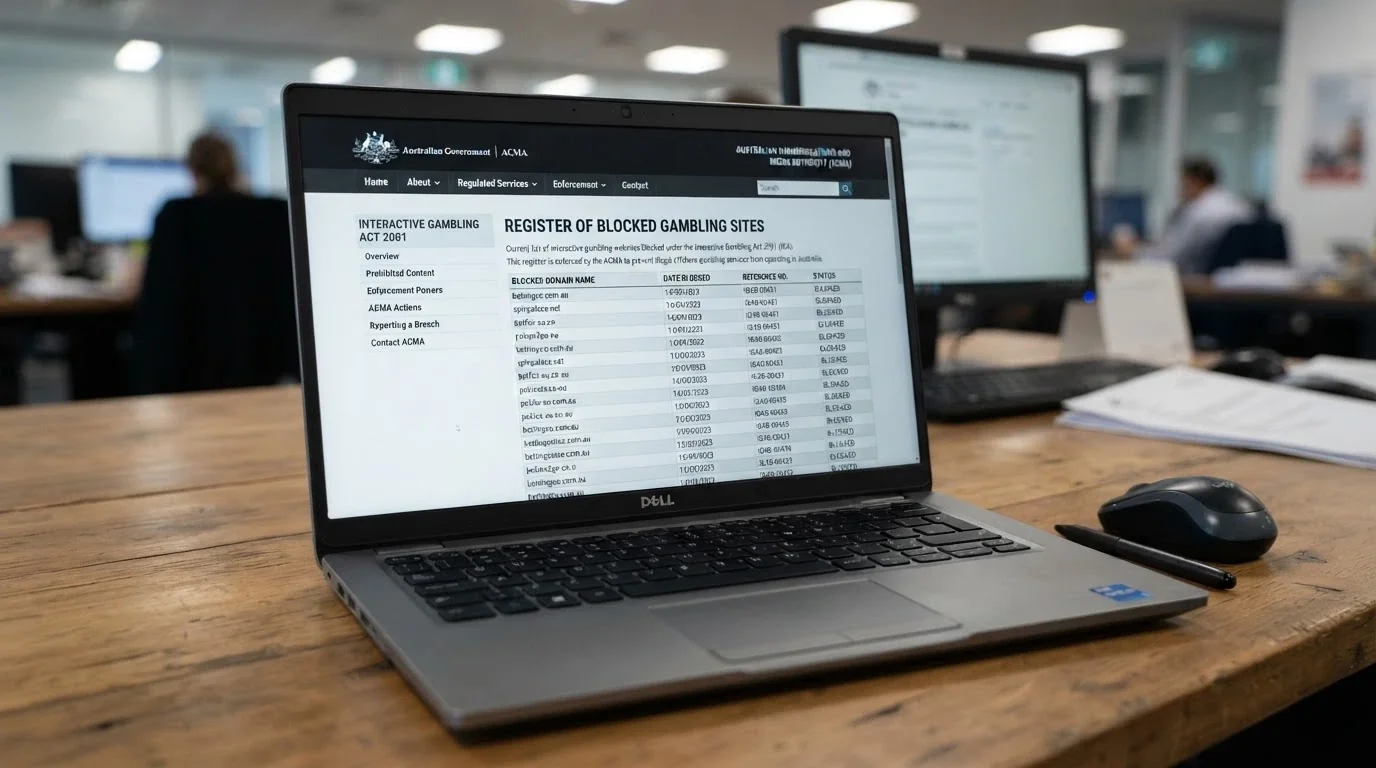 An ACMA webpage listing blocked illegal gambling websites alongside the Australian coat of arms and a reference to the Interactive Gambling Act 2001