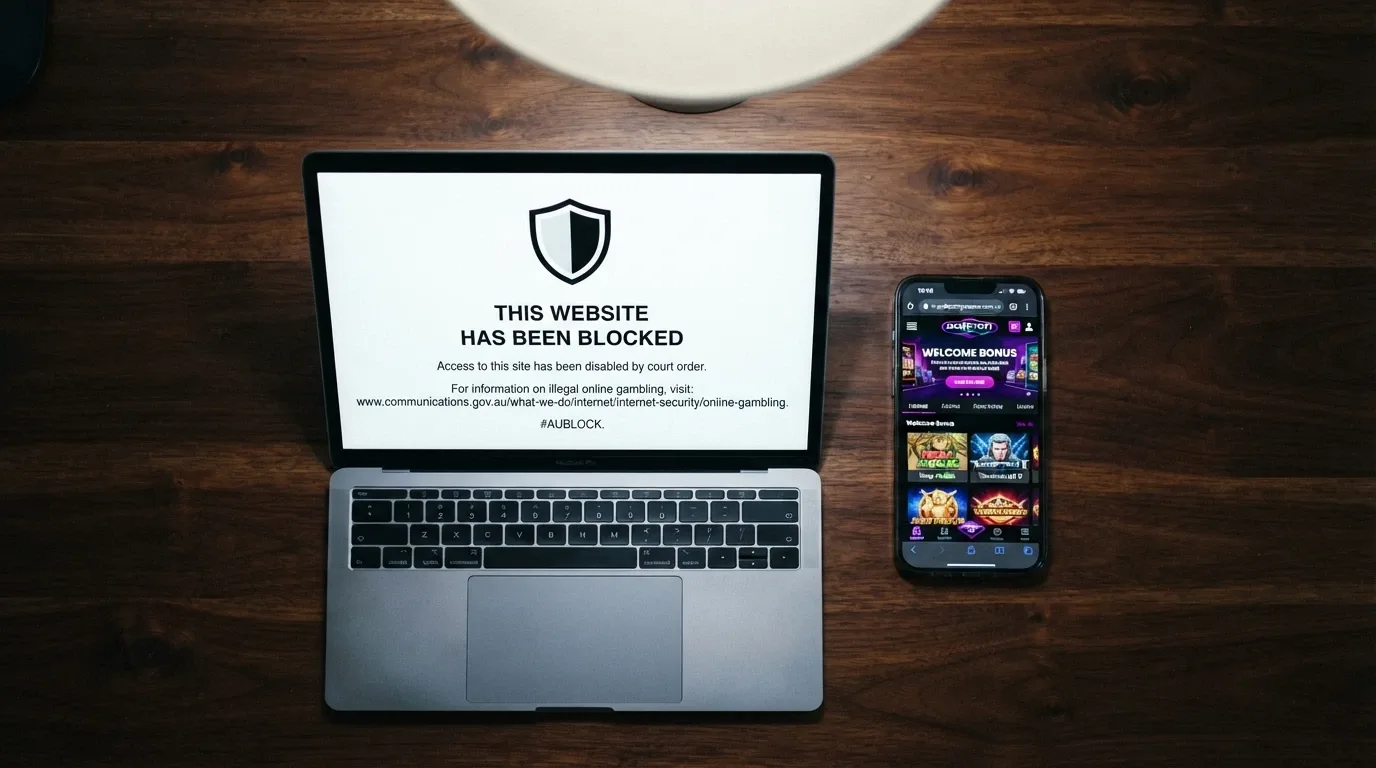 A laptop screen displaying the ACMA blocking notice — “This website has been blocked” — next to a smartphone showing the same casino site still accessible through a mirror URL