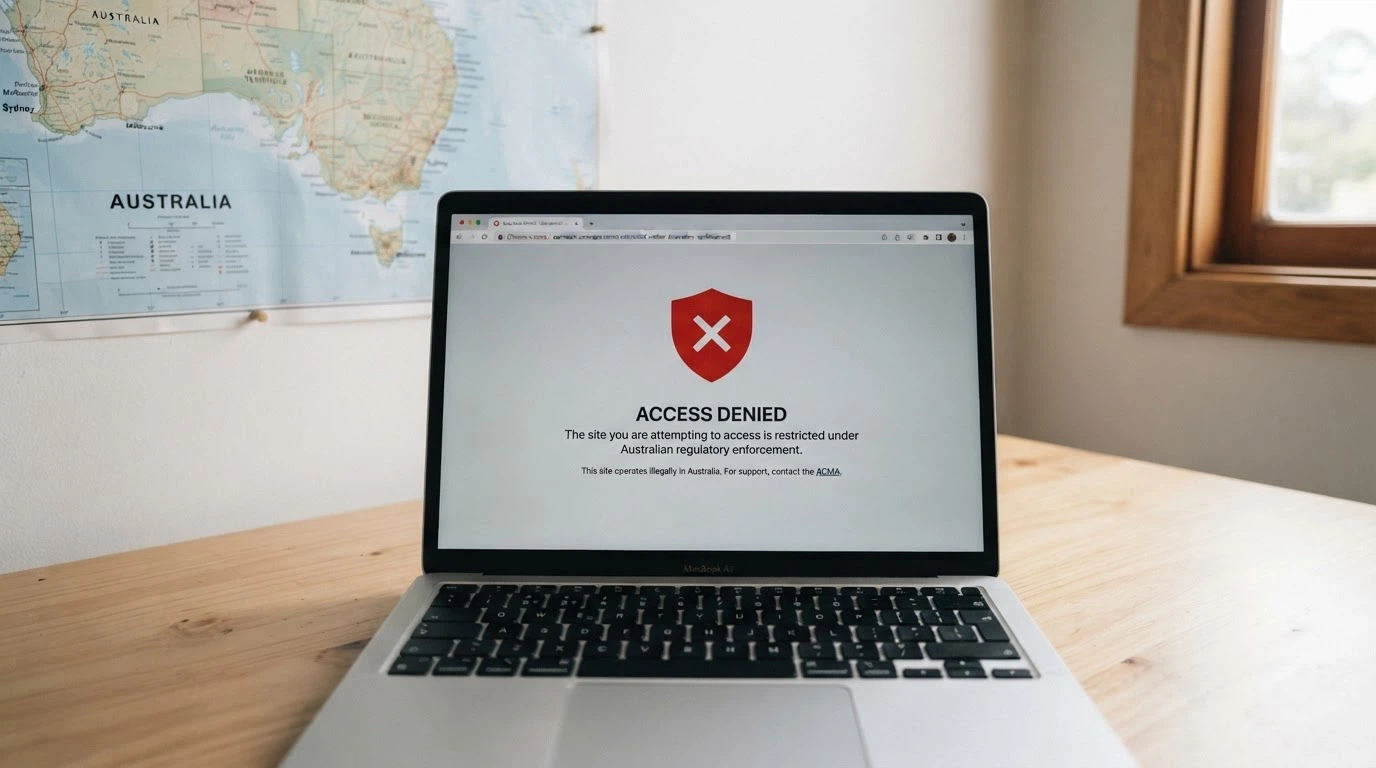 A visual showing the ACMA logo and a blocked-site notice on a screen, with an Australian map behind it