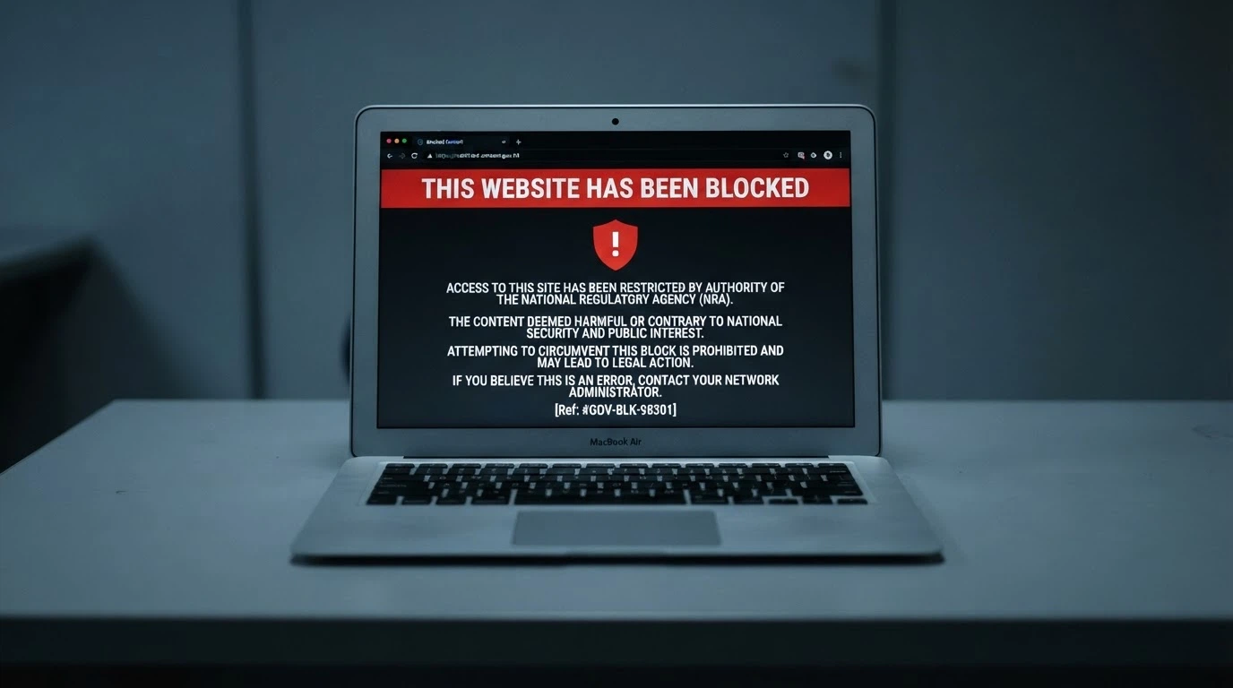 A browser window displaying the ACMA-blocked-site notice with the regulator's logo and the words “This website has been blocked”