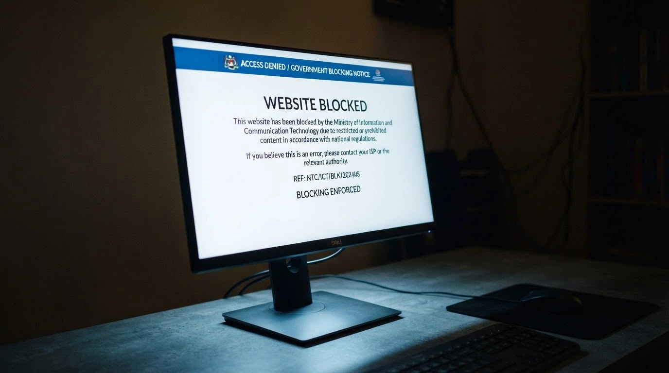 A browser window displaying an ACMA blocking notice — “This website has been blocked following an ACMA direction” — with the Australian coat of arms visible