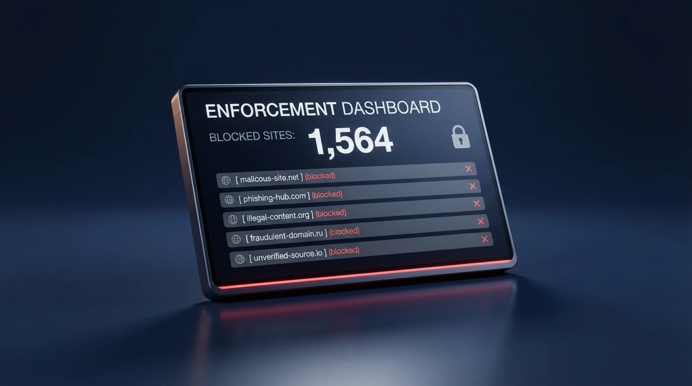 A stylised representation of an ACMA website-blocking notice or the ACMA enforcement dashboard showing blocked-site statistics