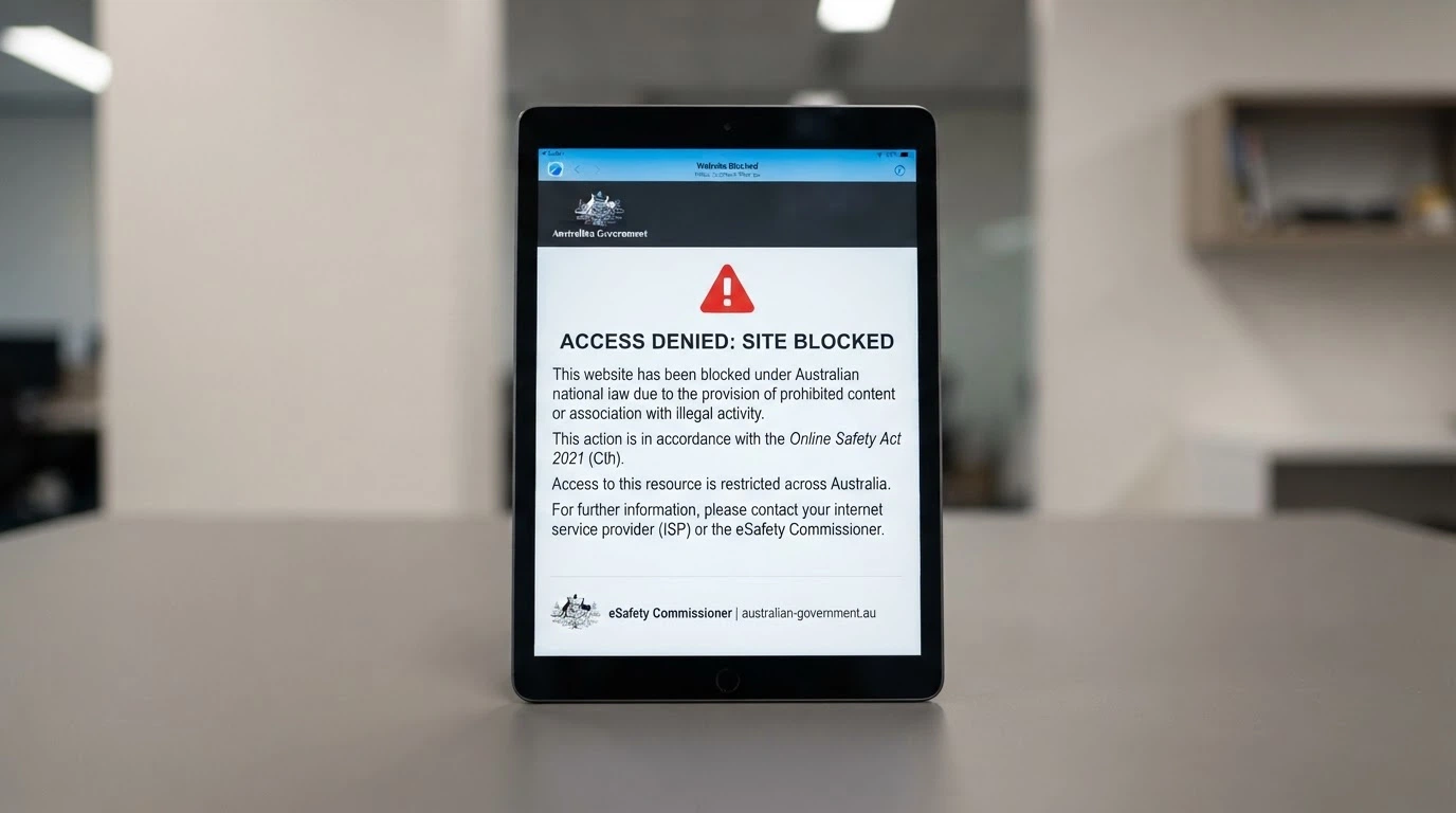 iPad browser showing the ACMA site-blocked landing page with the Australian Government crest and explanatory text