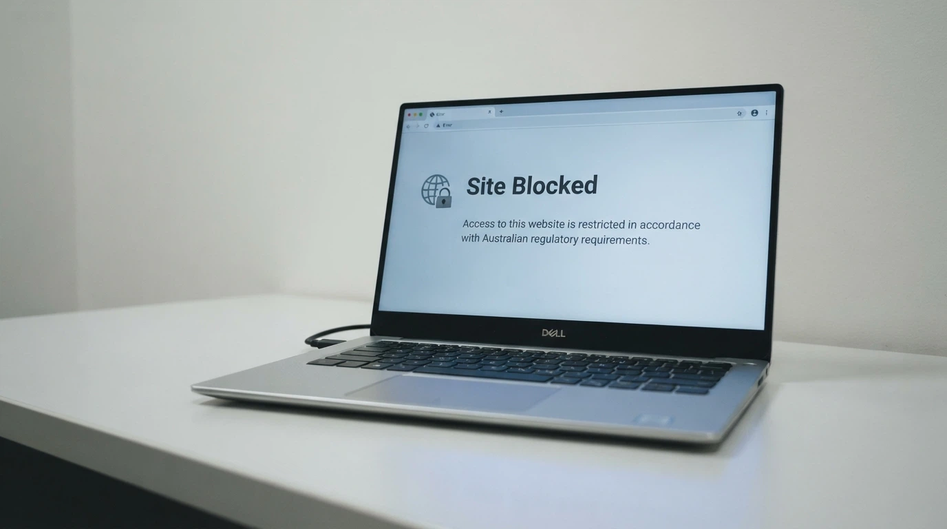 A laptop screen displaying an ACMA blocked-site notice with the Australian Government crest visible