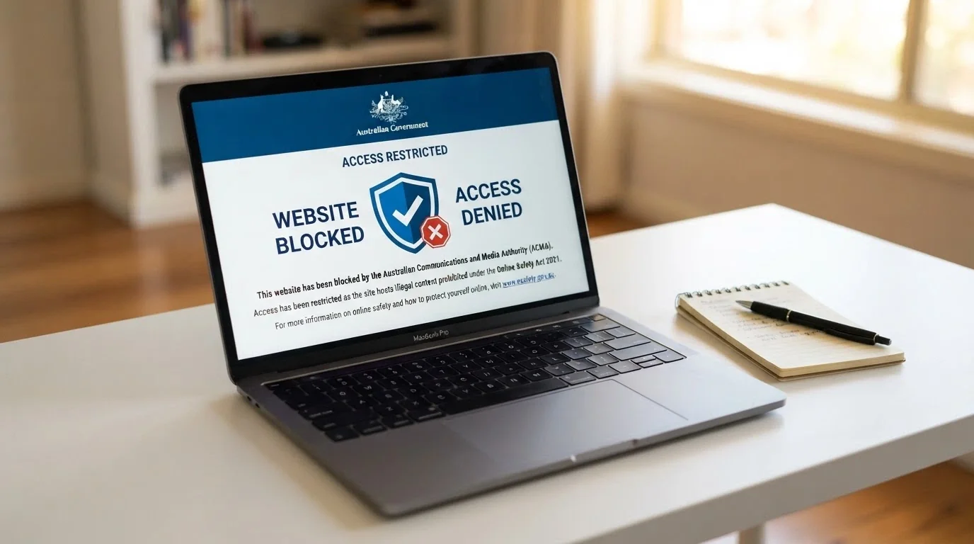 A browser window displaying the ACMA blocking notice that Australian ISPs serve when an illegal gambling site is blocked, with the ACMA logo visible