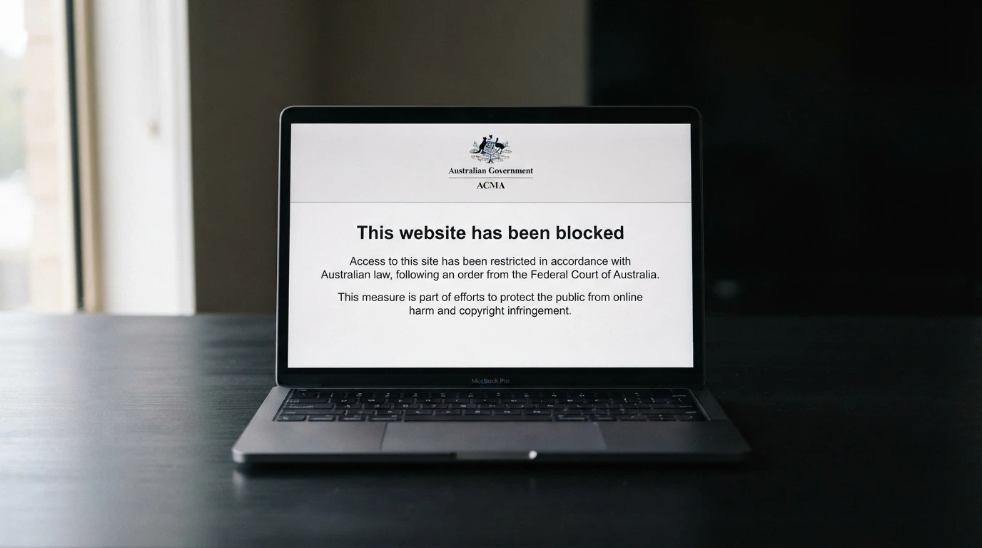 A stylised browser window showing an ACMA blocked-site notice — a white screen with the Australian Government crest and the text “This website has been blocked”