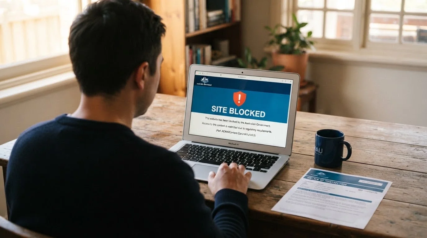 A laptop browser displaying the ACMA website-blocked notice — the official Australian government blocking page with its distinctive design — on a desk with Australian regulatory documents visible