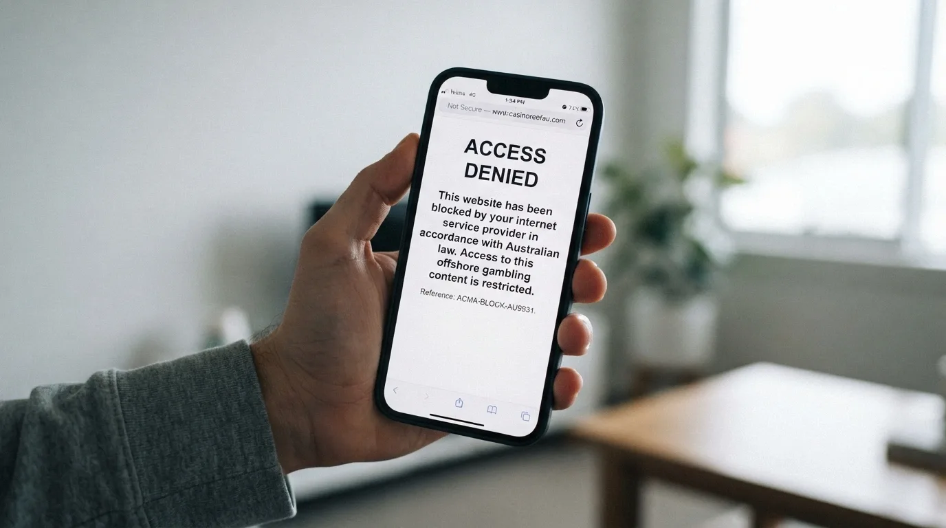 An Android phone showing an ISP-level block page — the ACMA-mandated “This website has been blocked” screen — with the ACMA logo visible