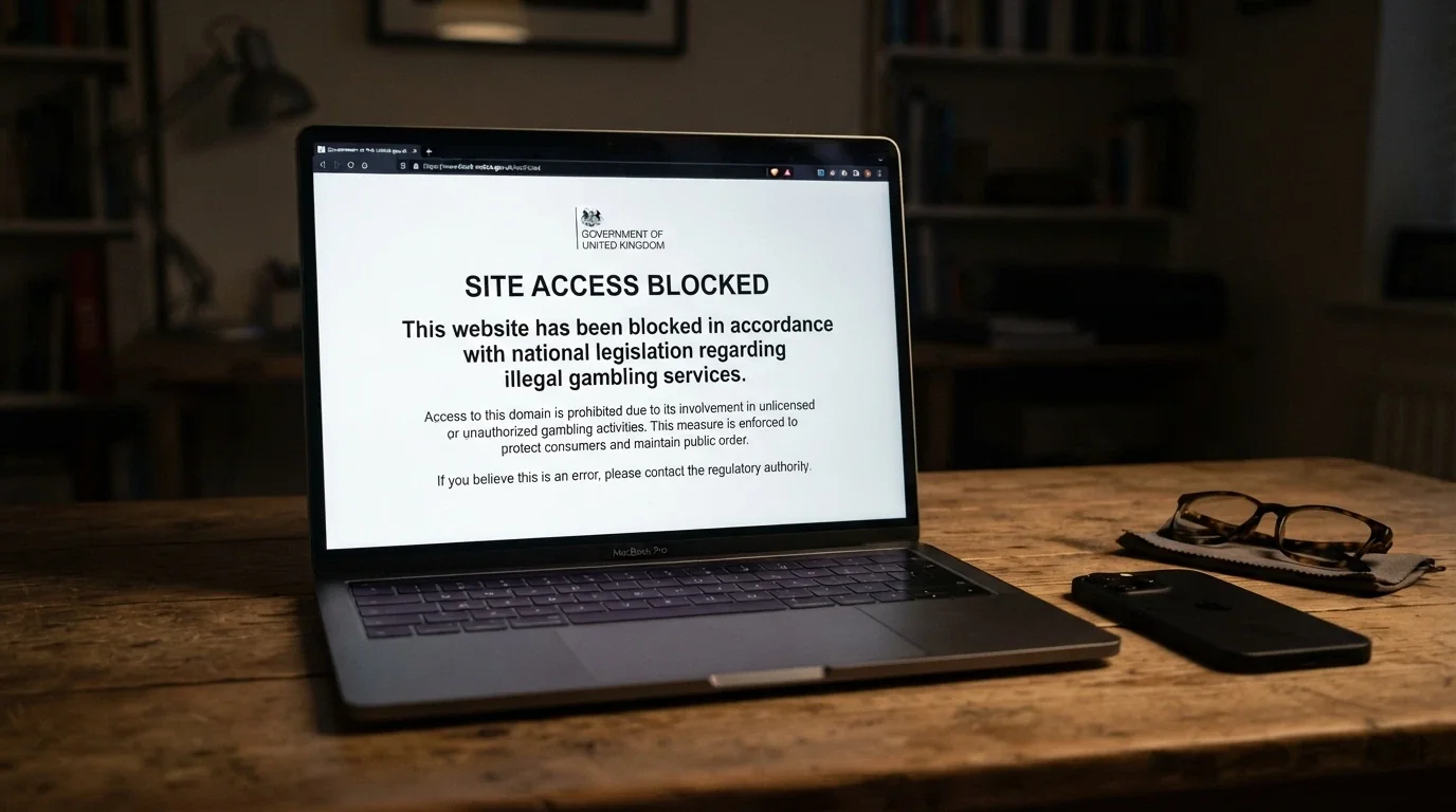 An ACMA-blocked-website notice screen with the regulator's logo and a warning that the site is an illegal gambling service