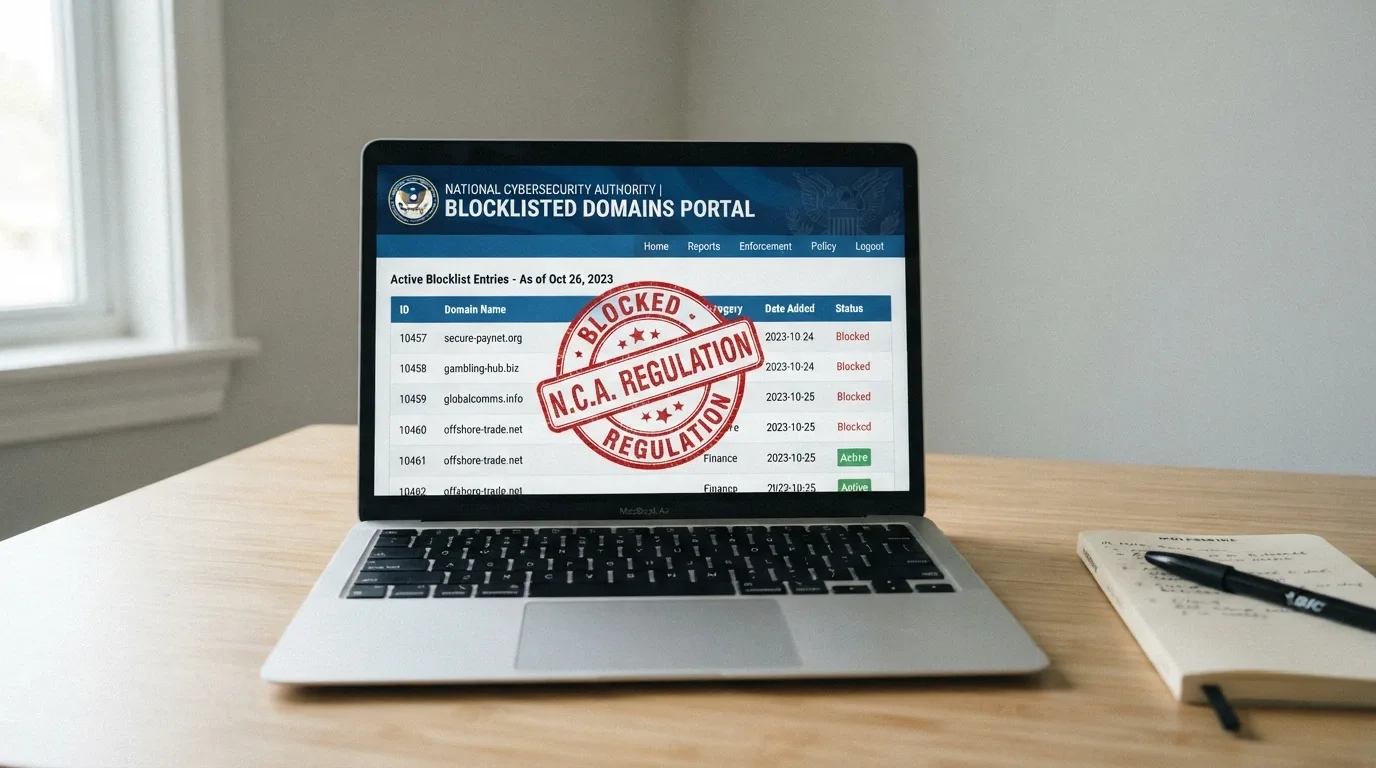 A laptop screen showing the ACMA website's list of blocked illegal gambling domains, with a red “blocked” stamp across a casino URL