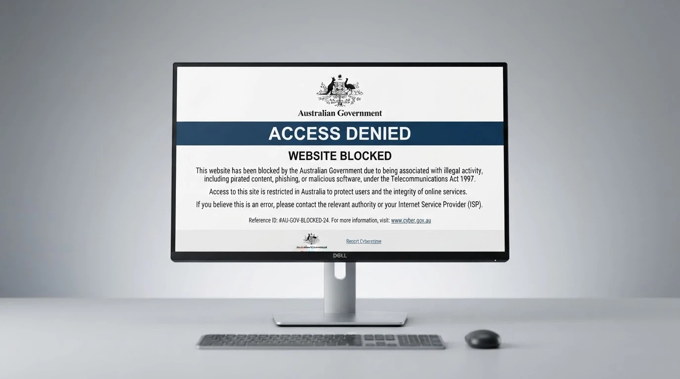 A desktop browser displaying an ACMA website-blocking notification page with the Australian Government coat of arms visible
