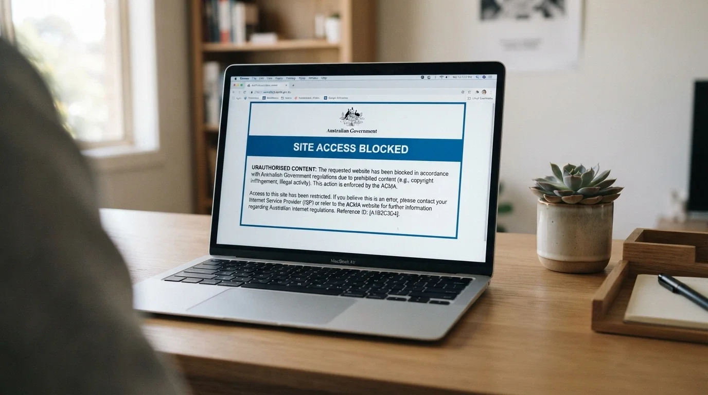 A browser window displaying an ACMA blocking notice page with the Australian Government crest