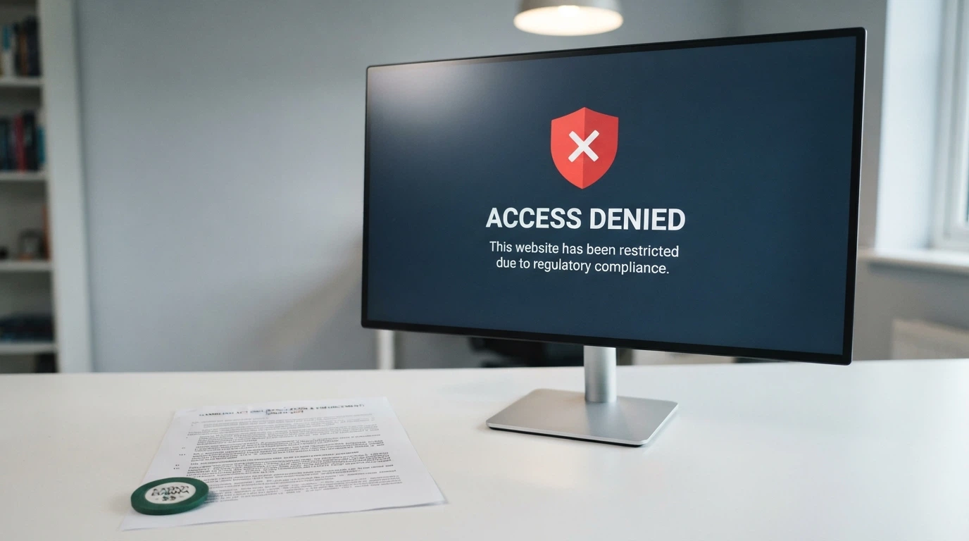 A stylised ACMA website-blocking notice beside the Interactive Gambling Act 2001 cover page with an Australian ISP block screen
