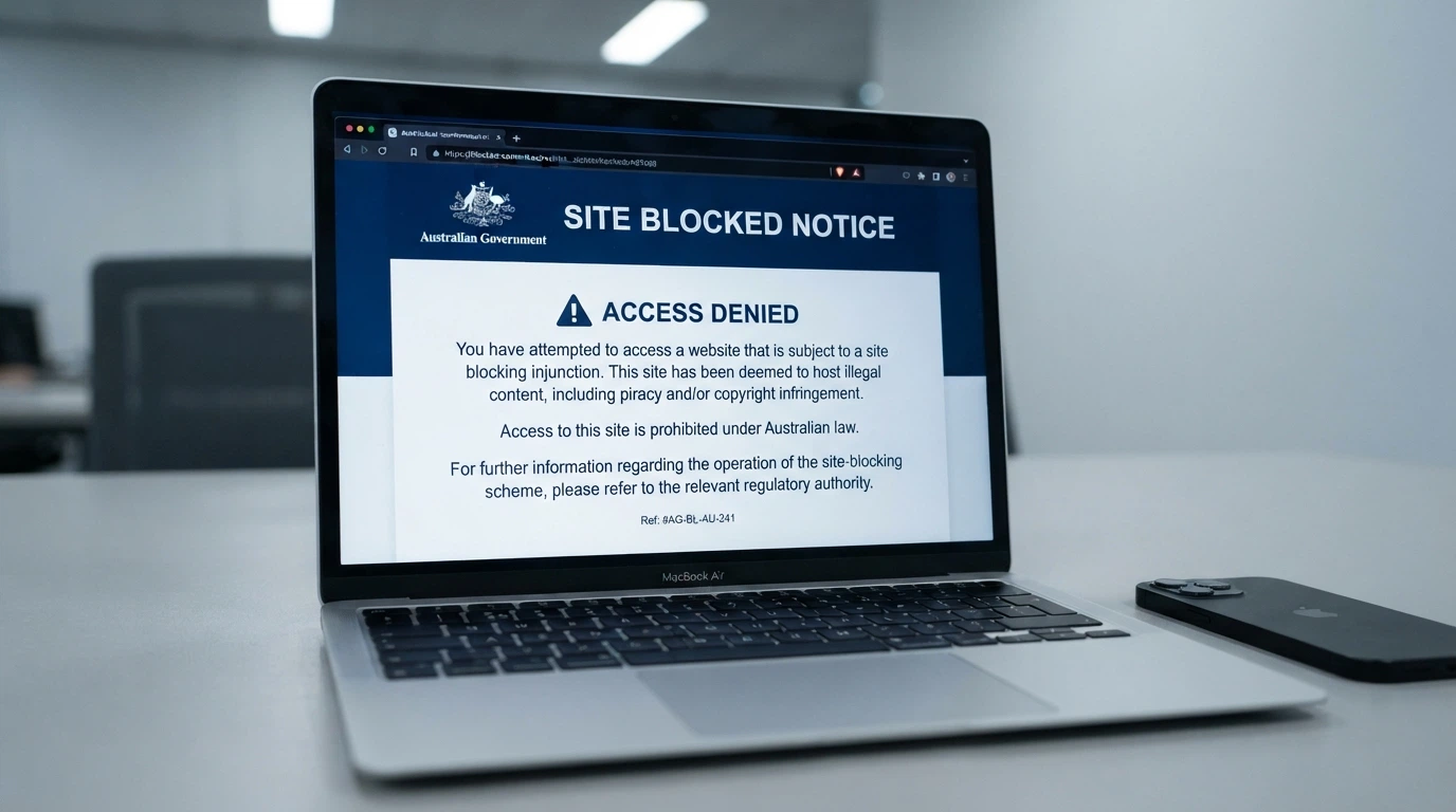 An ACMA website blocking notice on a browser screen with a casino URL visible in the address bar