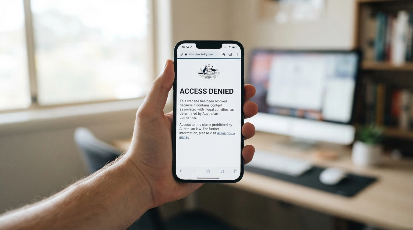 A smartphone displaying an ACMA blocking notice in a browser — the official Australian government page stating the site is inaccessible under the IGA