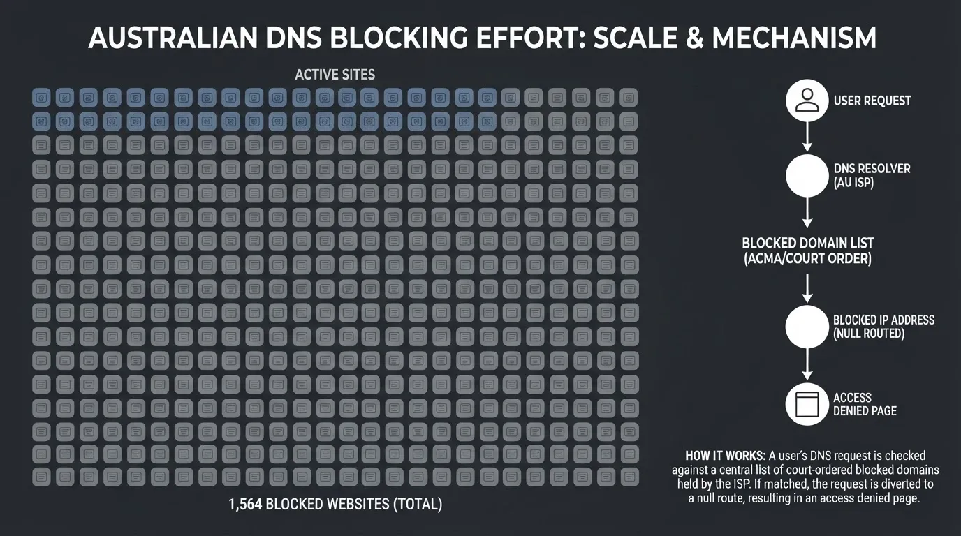 A visual representation of the ACMA blocking count — 1,564 small site icons greyed out in a grid, with the ACMA logo and a DNS-chain diagram to one side
