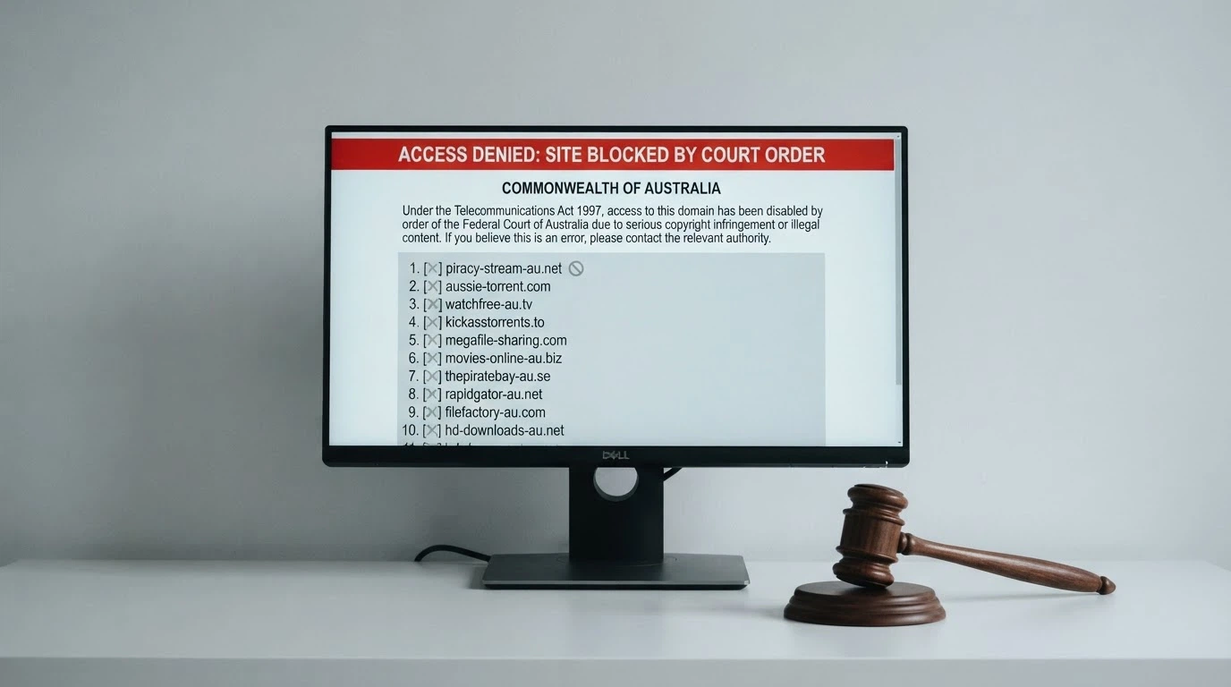 A computer monitor displaying an ACMA blocking notice with a list of blocked domain names beside a gavel