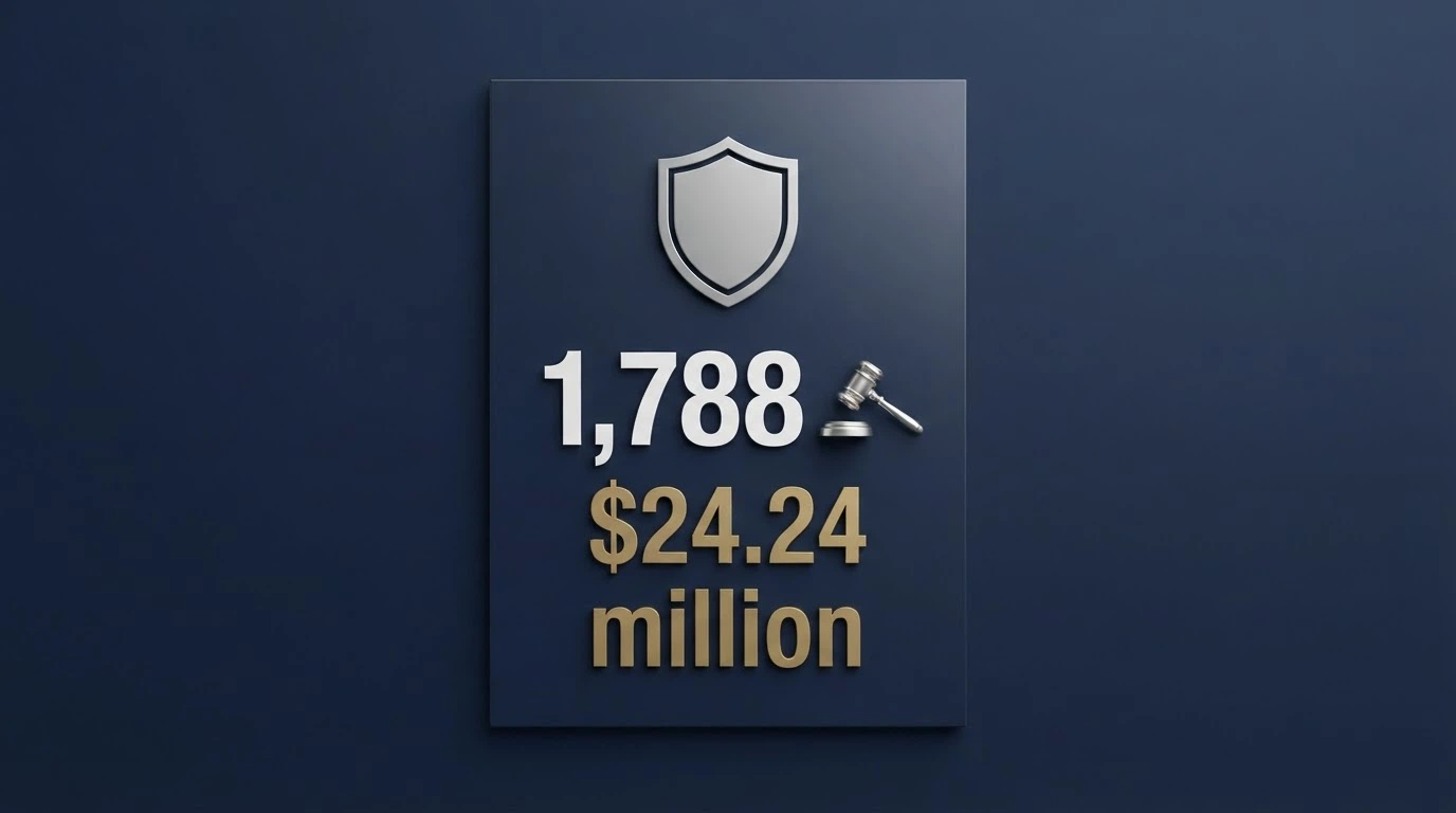 A government-style infographic showing the ACMA logo, the figure 1,788 blocked sites, and a gavel beside the AU$24.24 million Federal Court penalty total
