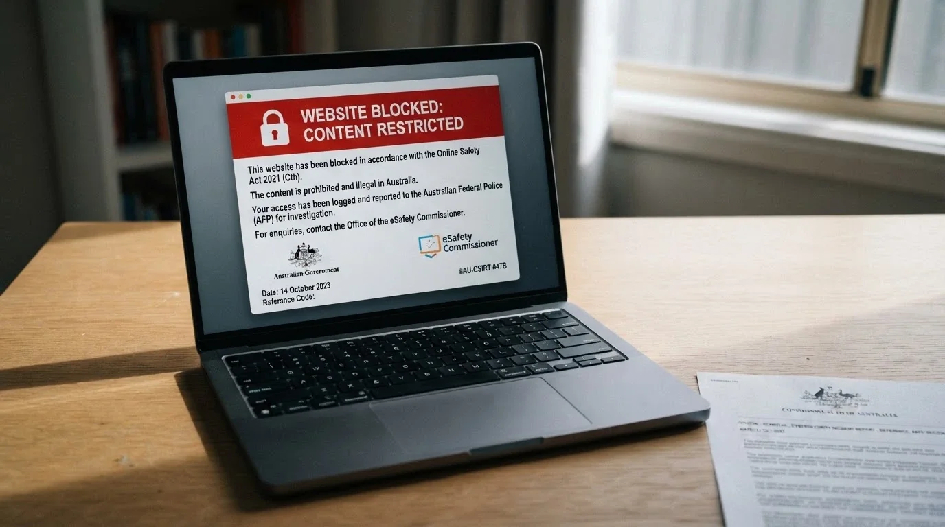A stylised warning graphic showing the ACMA logo beside a blocked-website notice and the IGA 2001 statute reference
