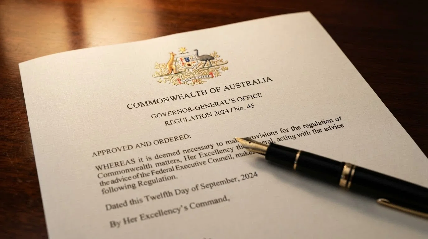A close-up of a formal government document with the Commonwealth Coat of Arms visible, a pen resting diagonally across it